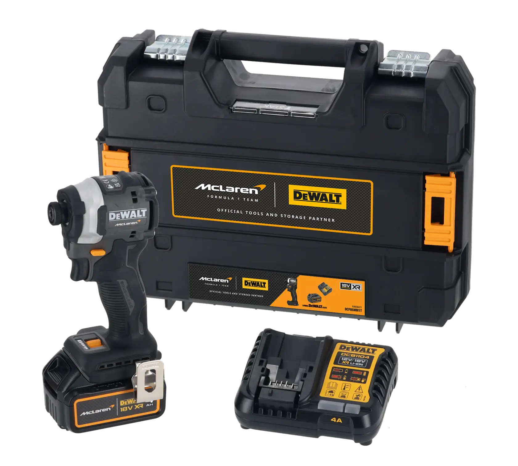 DEWALT cordless impact driver kit with case, battery, and charger, McLaren branding, black and orange color.