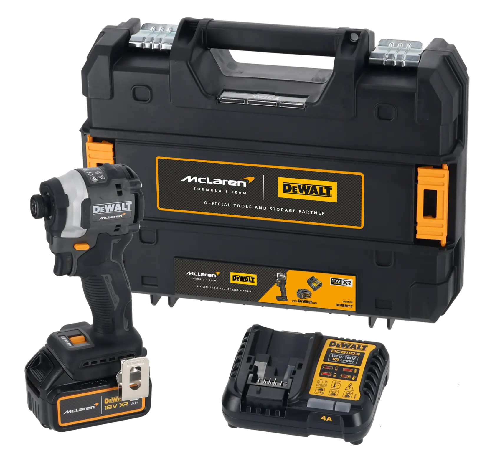DEWALT tool set with impact driver, battery charger, and sturdy black case with McLaren branding.