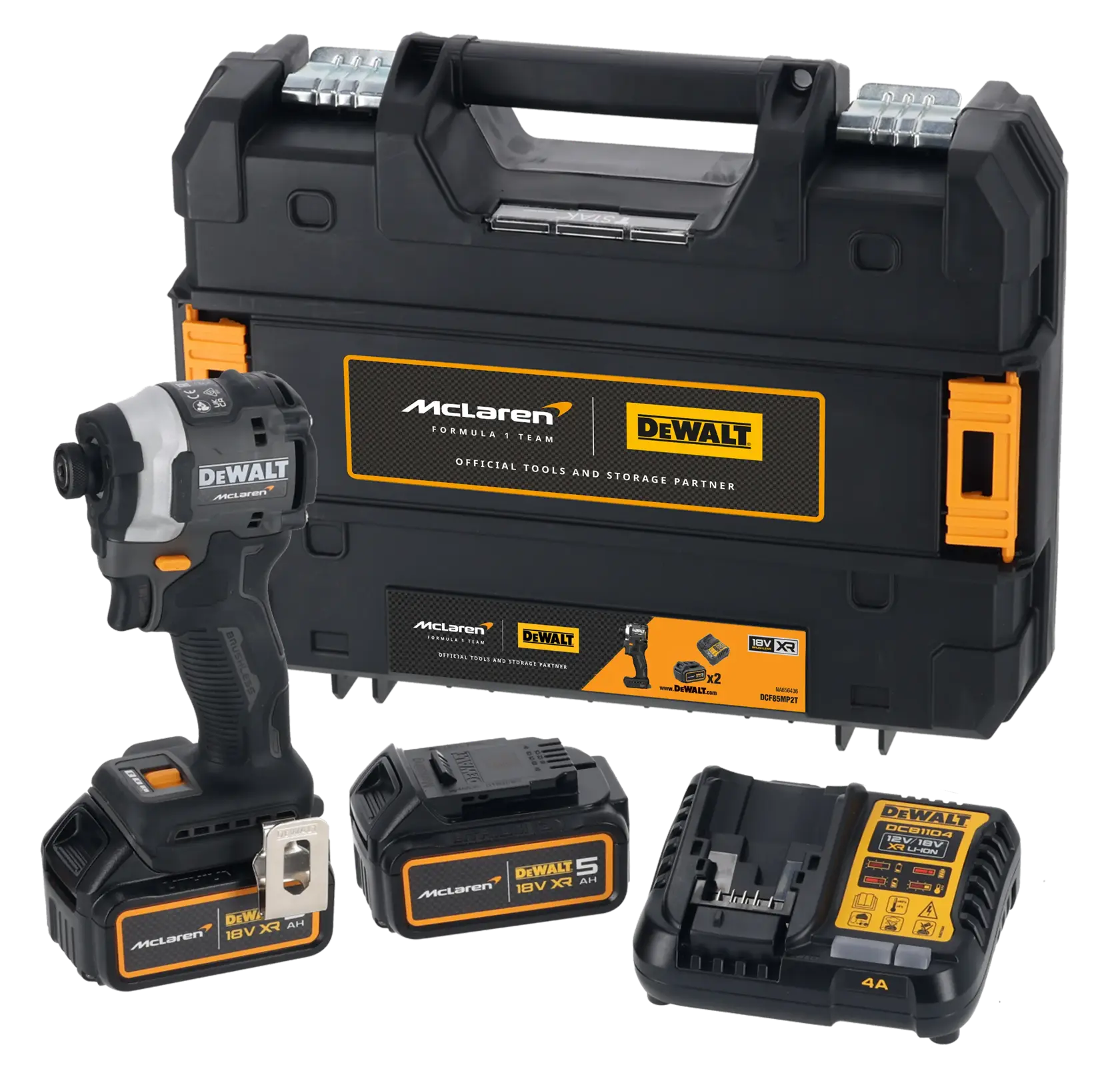 DEWALT tool kit with impact driver, two batteries, charger, and black carrying case with McLaren branding.