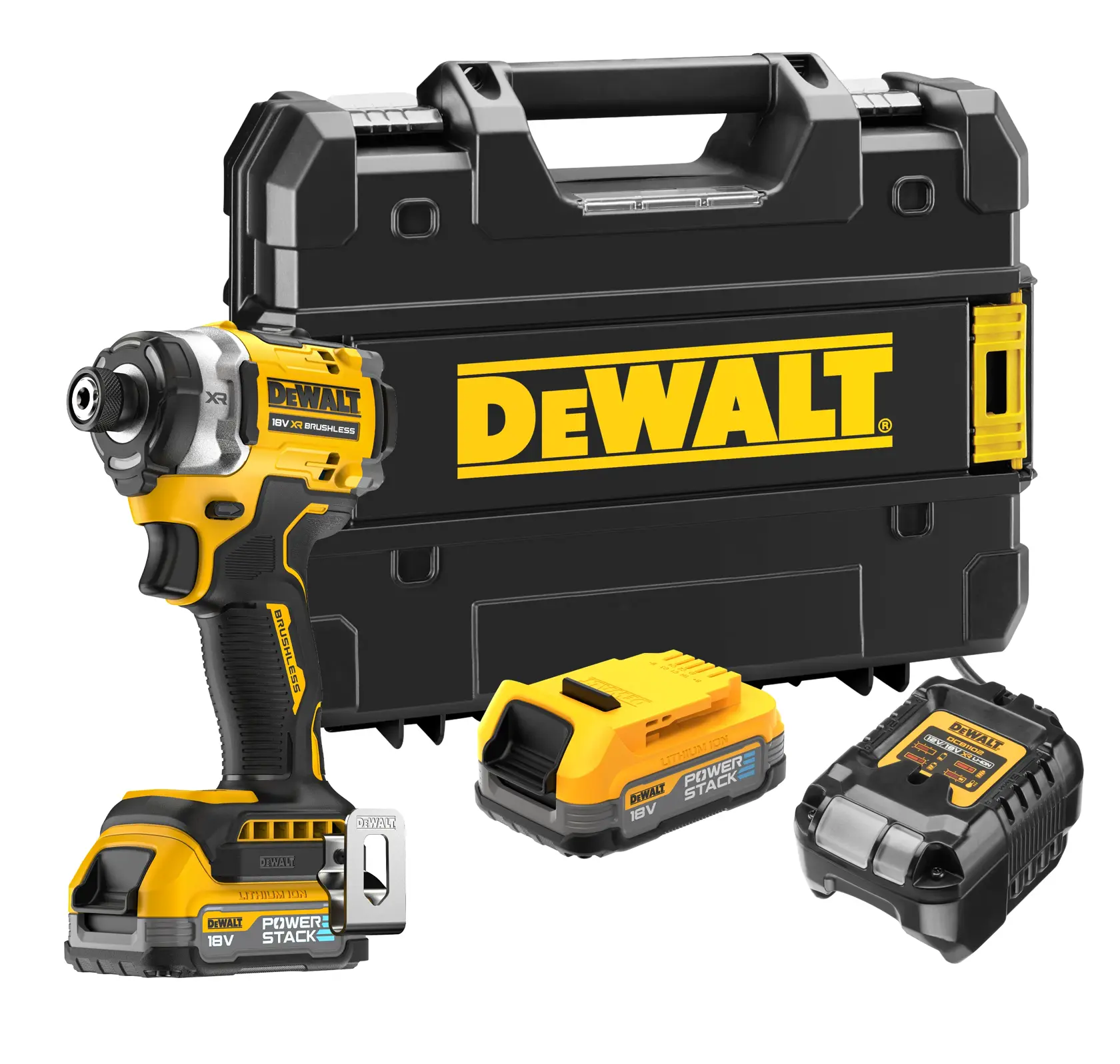 DEWALT XR cordless impact driver kit with case, two batteries, and charger shown.