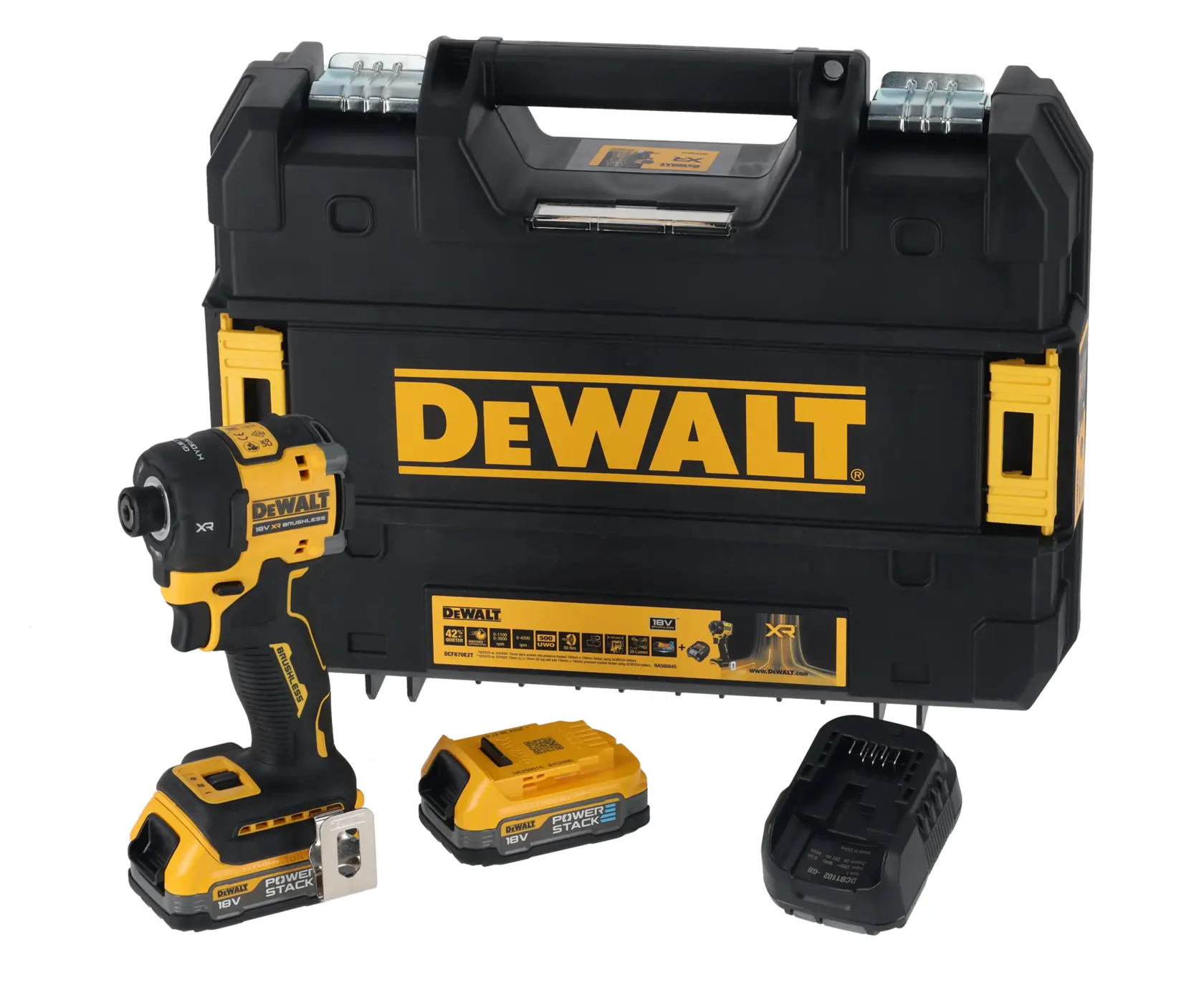 DEWALT power tool kit with impact driver, battery, charger, and carrying case in black and yellow.