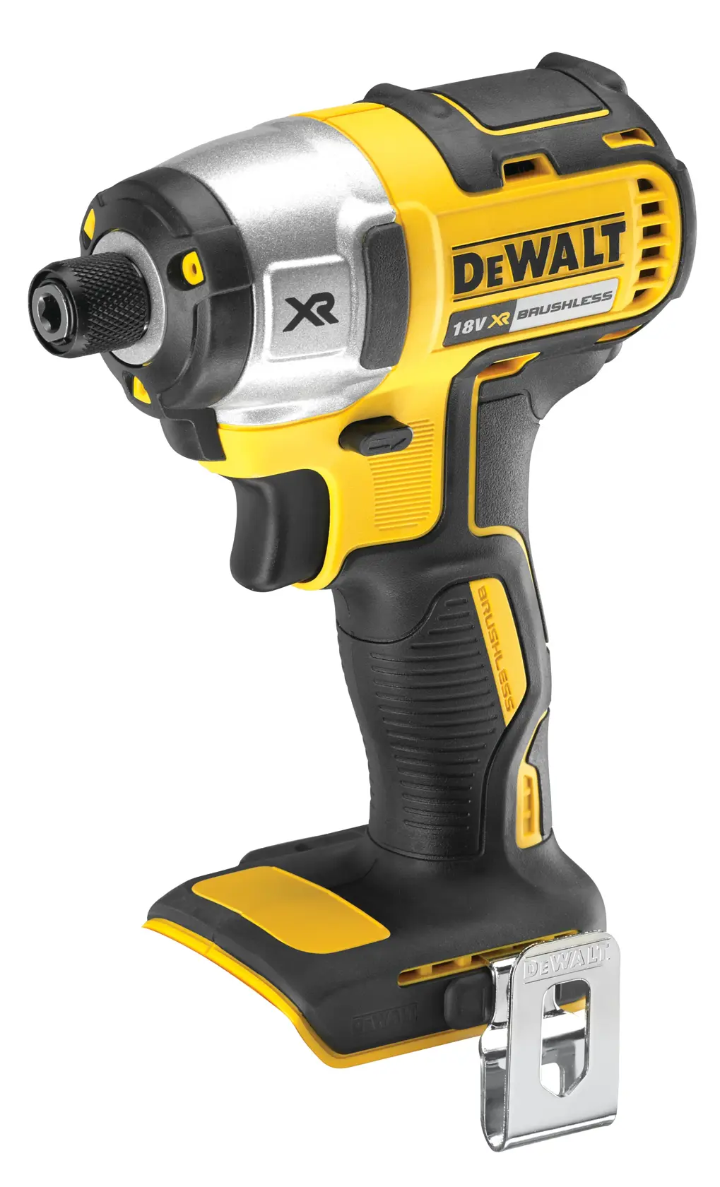 A DEWALT 18V XR brushless cordless impact driver, model DCF886N, shown in yellow and black with a metal belt clip and ergonomic grip, designed for professional and DIY use.