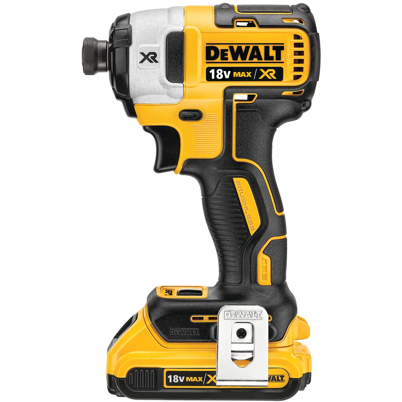 A yellow and black DEWALT 18V XR cordless brushless impact driver, model DCF887D2, shown in a side view with visible branding and battery attached.
