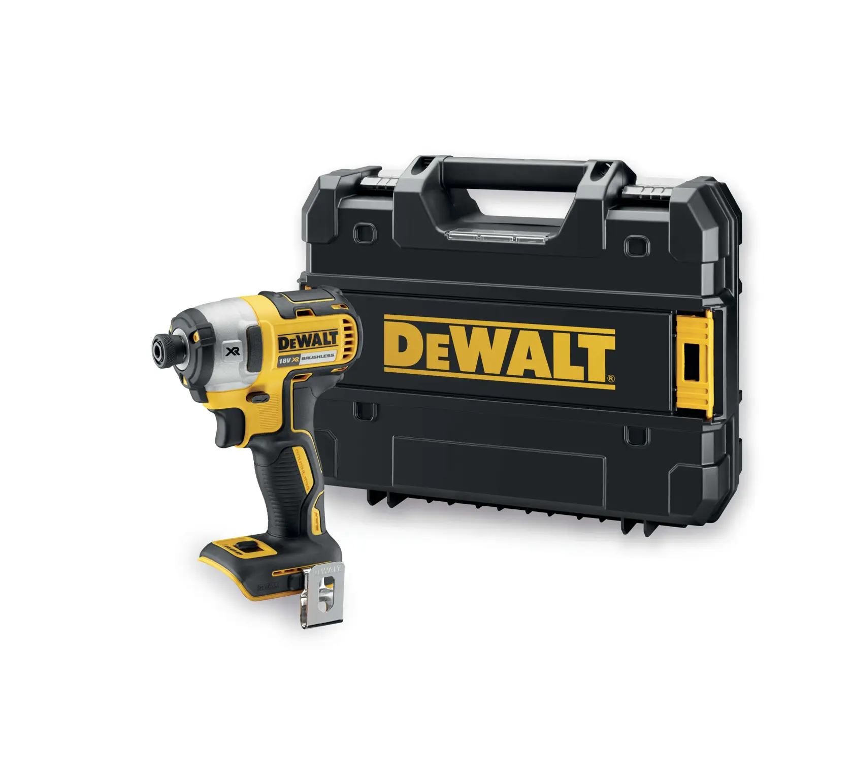 DEWALT cordless impact driver with black and yellow hard carrying case, model DCF887NT.