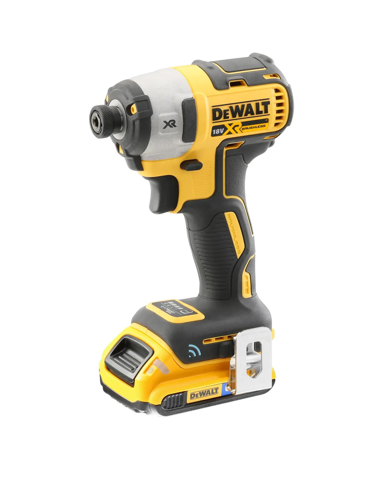 DEWALT 18V cordless impact driver with yellow and black body, ergonomic handle, and metal clip.