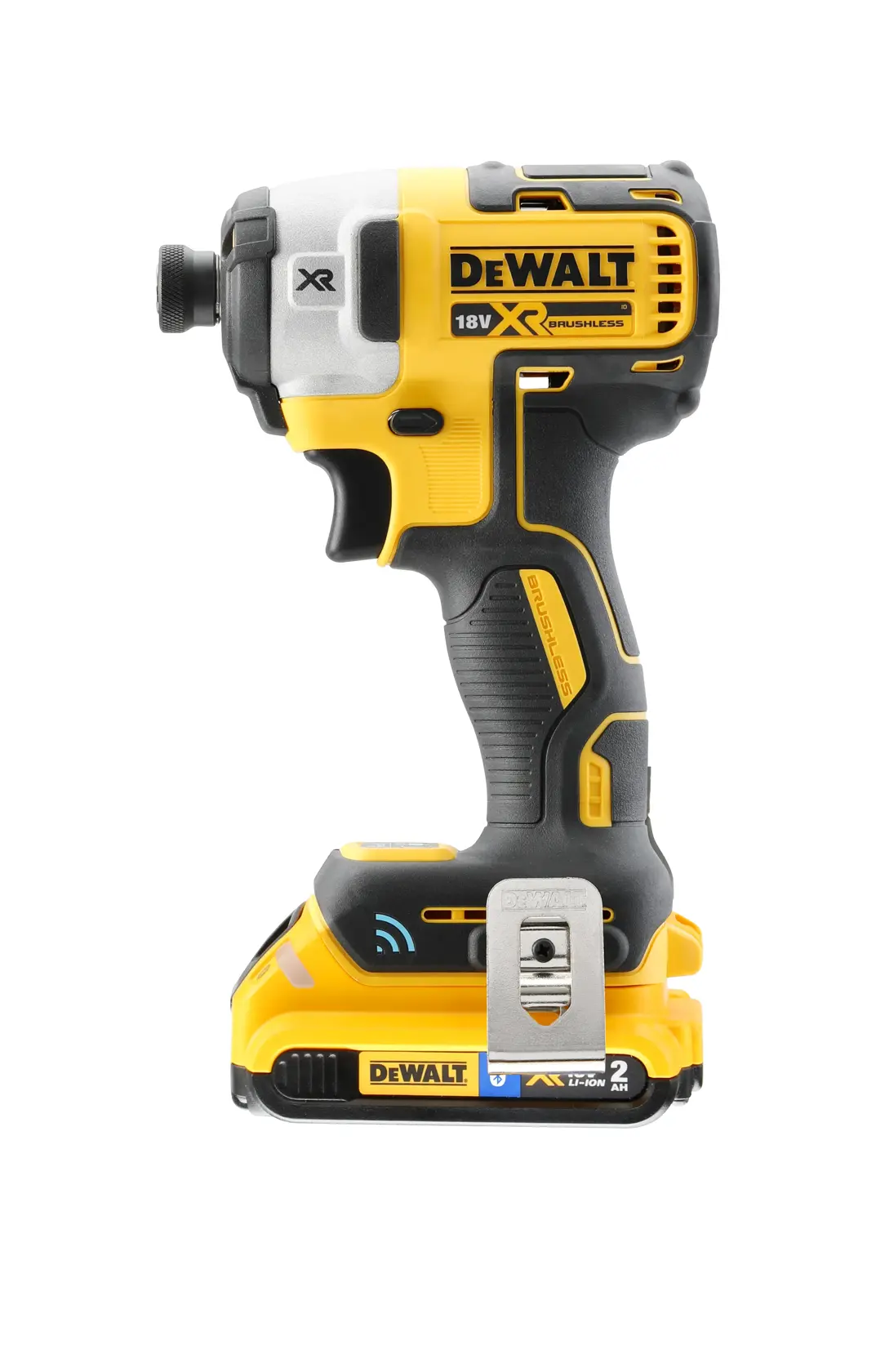 DEWALT 18V XR brushless cordless impact driver with battery, shown upright on white background.