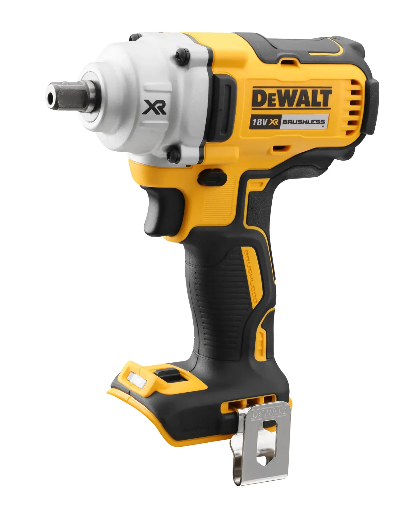 A yellow and black DEWALT 18V XR brushless cordless impact wrench, shown on a white background.