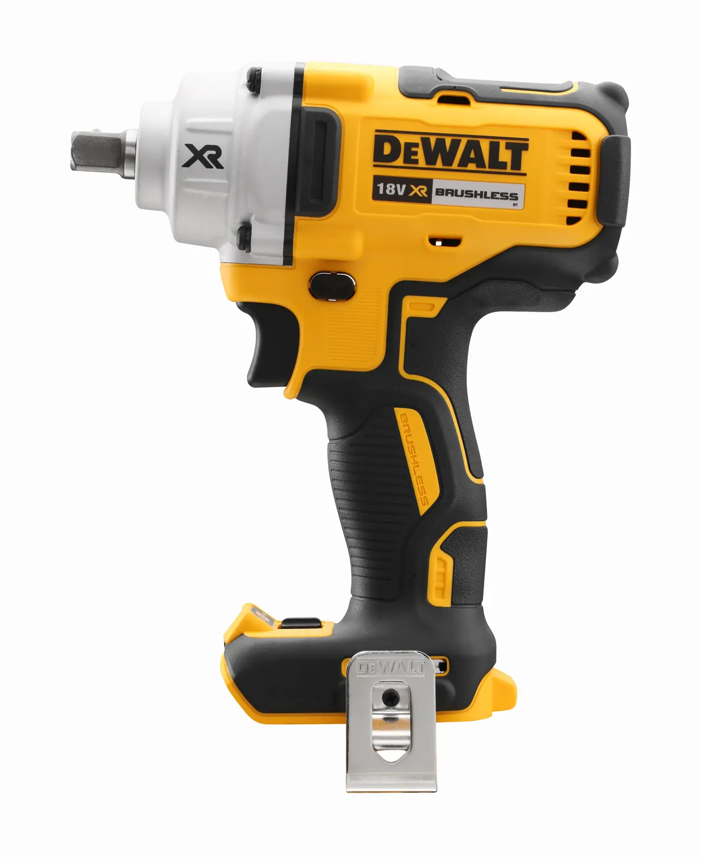 A DEWALT 18V XR brushless cordless impact wrench, shown in yellow and black with a metal belt clip attached, photographed against a plain white background.