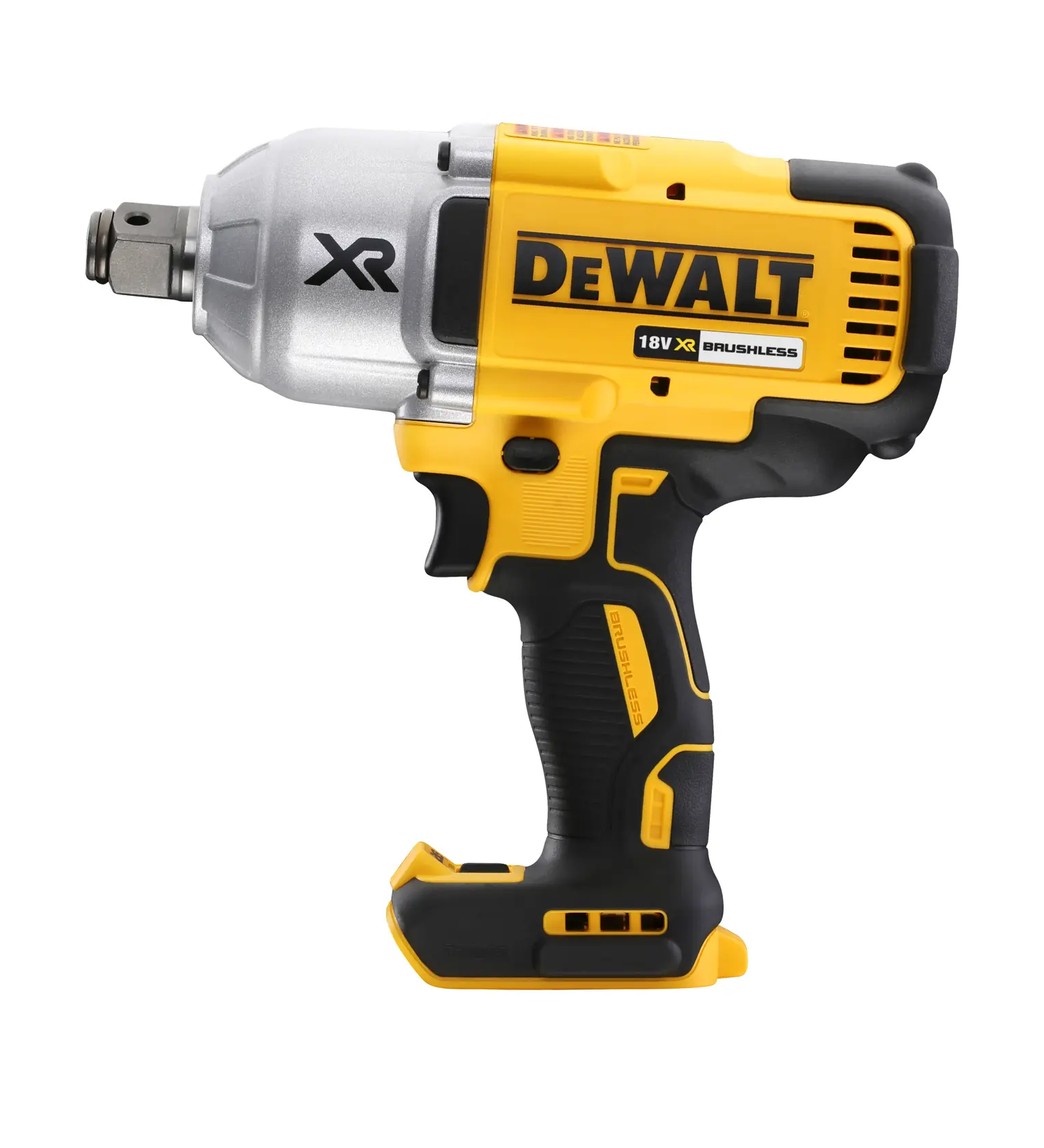 DEWALT DCF897N 18V cordless impact wrench, yellow and black, brushless design, side view on white.