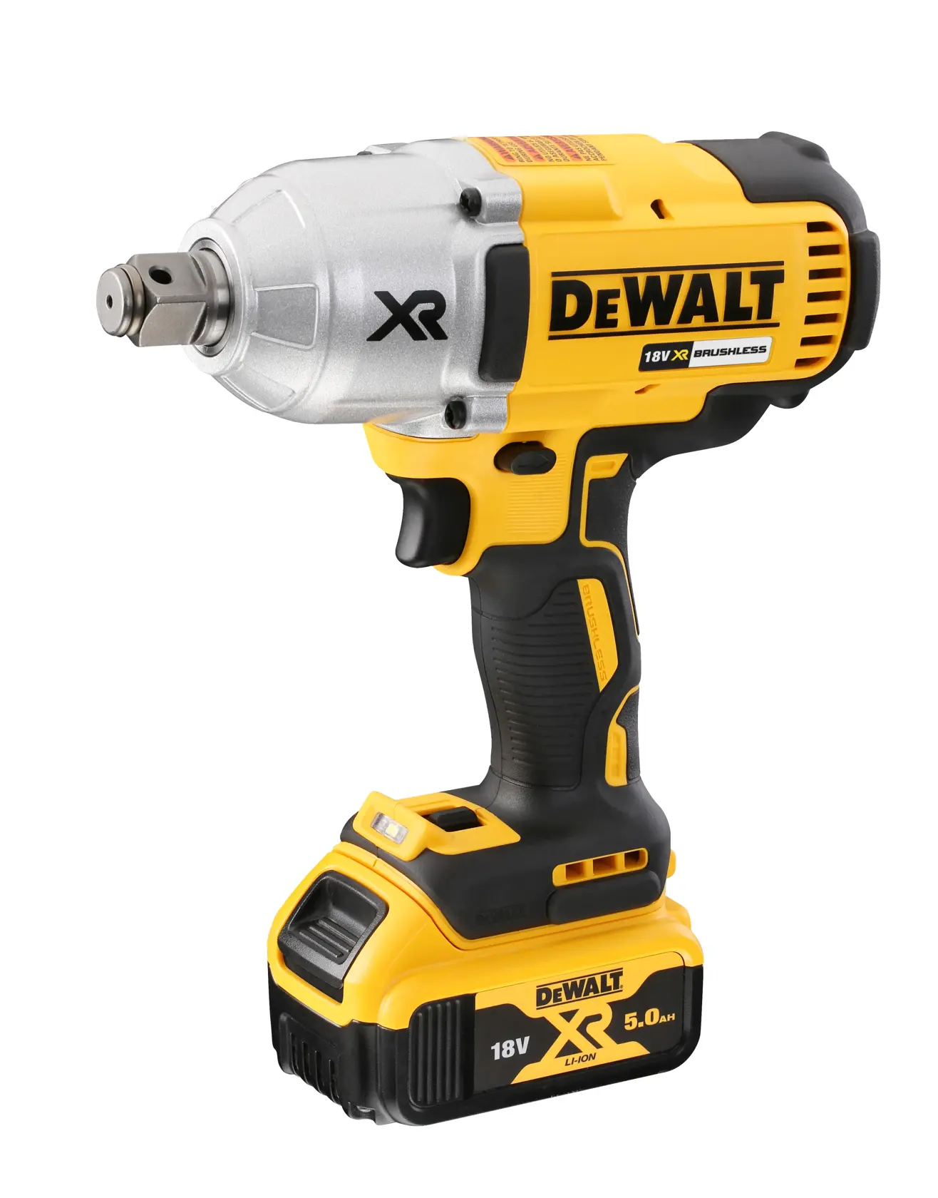 DEWALT 18V XR cordless impact wrench with brushless motor and battery, shown on white background.