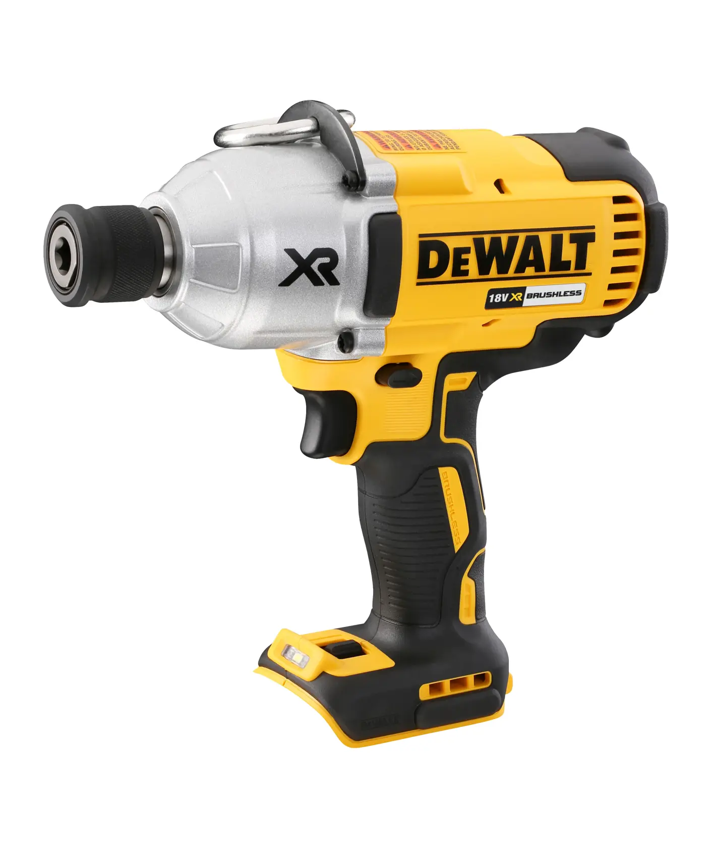 DEWALT 18V XR cordless impact wrench, yellow and black, shown without battery.