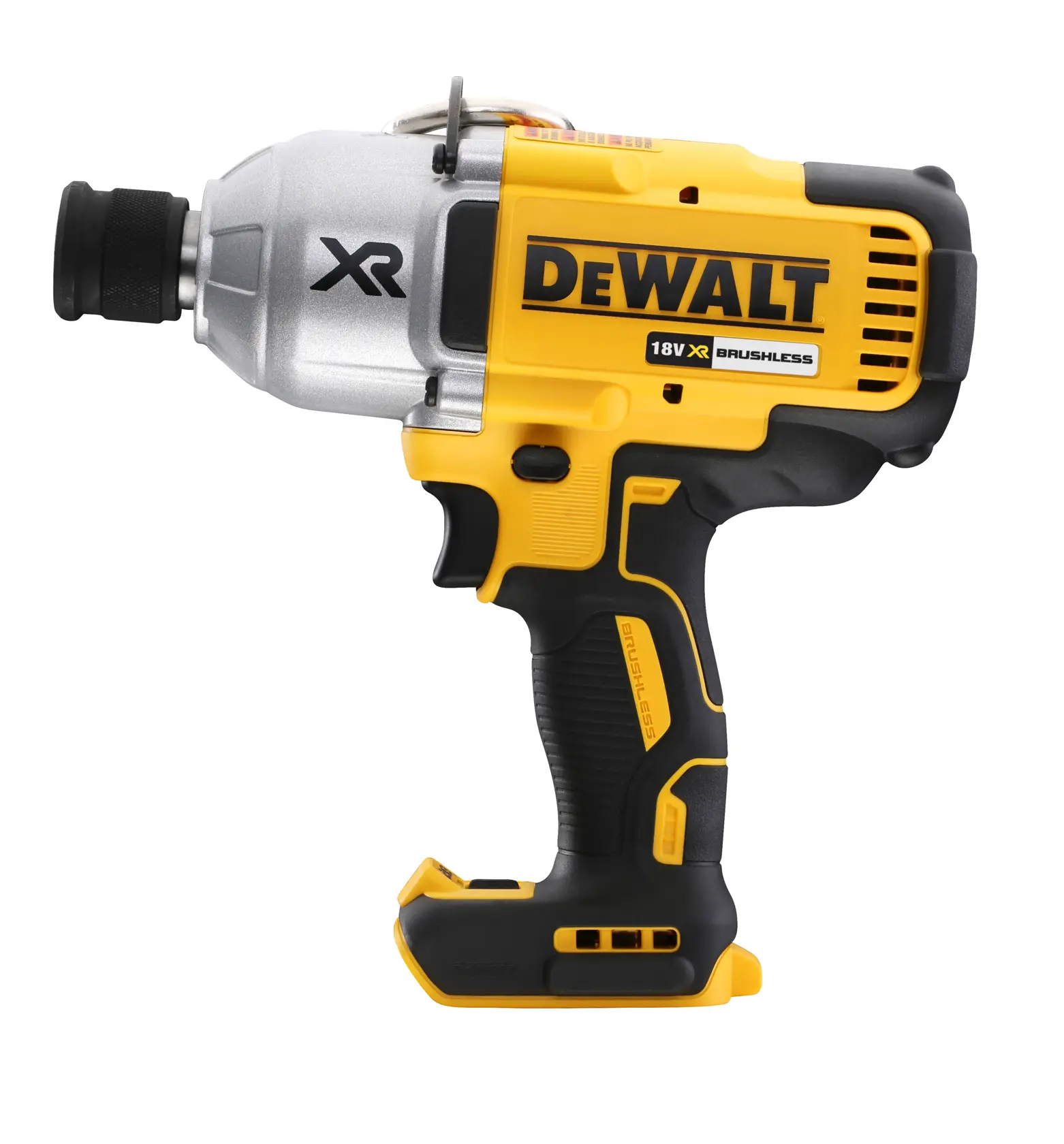 DEWALT 18V XR brushless impact wrench in yellow and black, shown side view without battery.