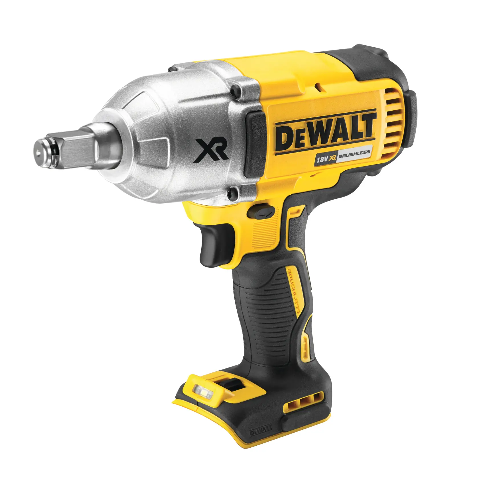 DEWALT cordless impact wrench DCF899HNT in yellow and black, shown without battery on a white background.