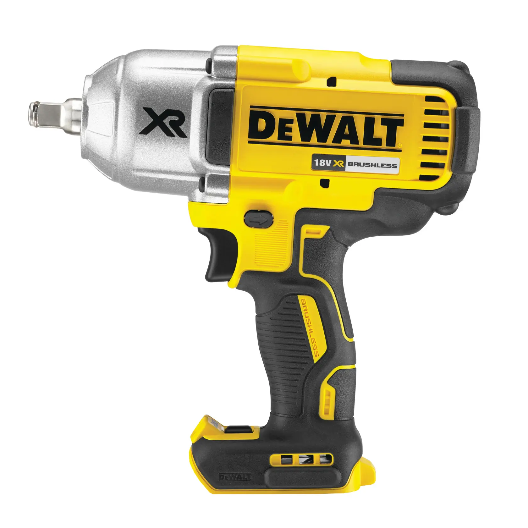 DEWALT DCF899HNT 18V cordless impact wrench, yellow and black, brushless, shown without battery.