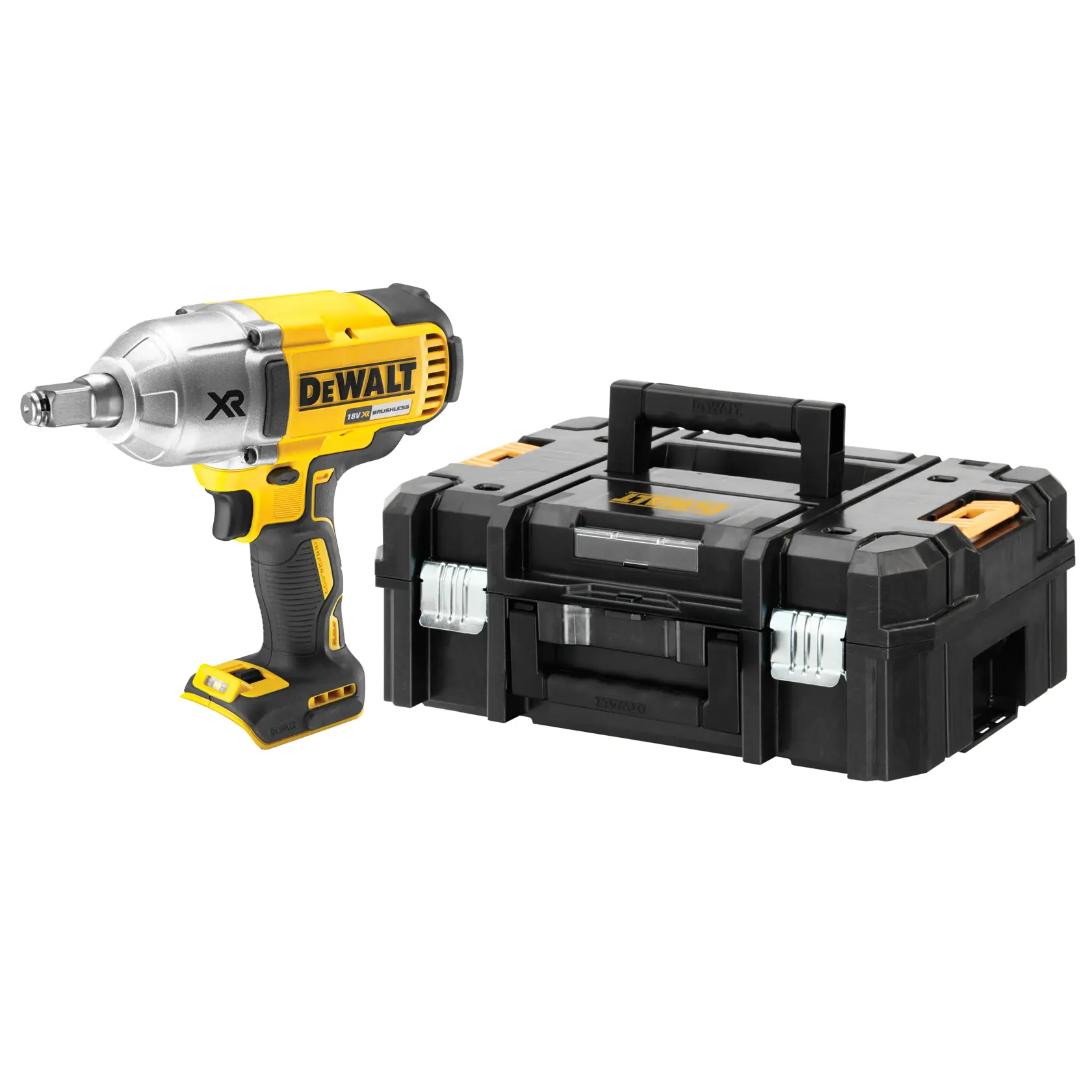 DEWALT cordless impact wrench next to a sturdy black toolbox with handle, both on a white background.