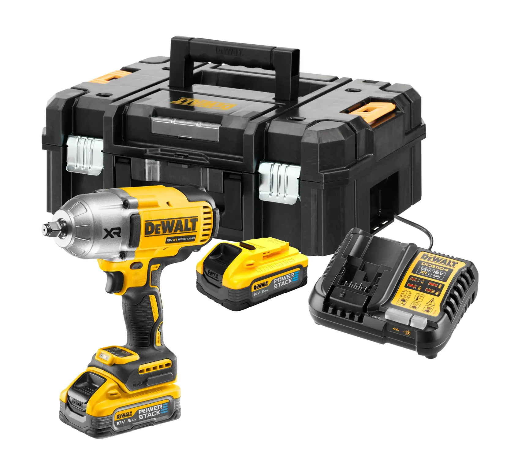DEWALT cordless impact wrench kit including a yellow and black impact wrench with POWERSTACK batteries, a battery charger, and a sturdy black carrying case with orange and metal latches.