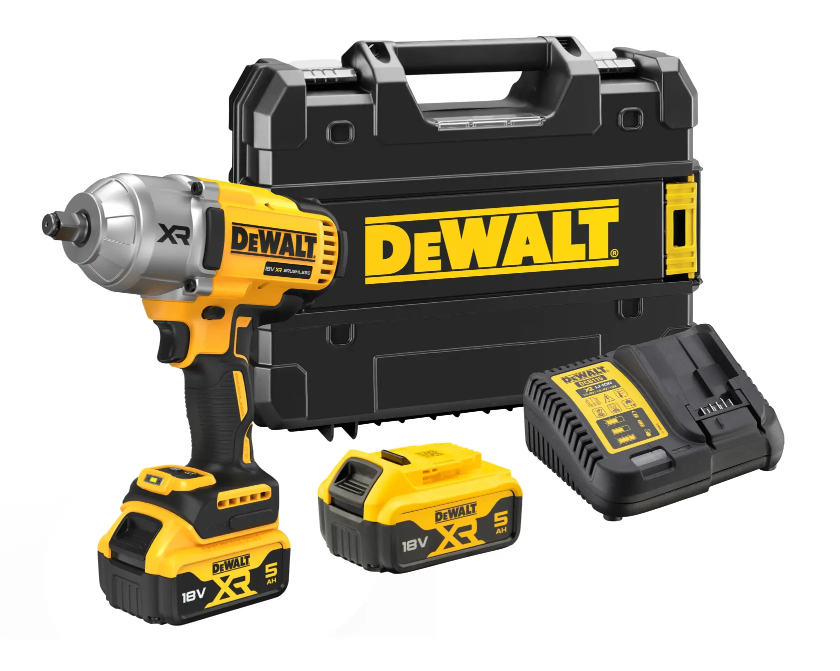 A DEWALT kit including a cordless impact wrench, two 18V XR batteries, a charger and a black carrying case with yellow DEWALT branding.