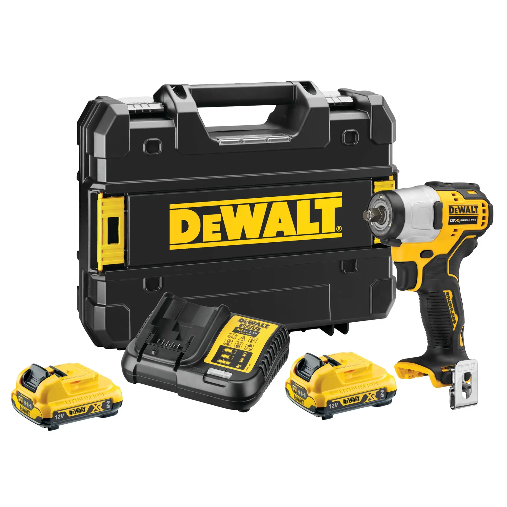 DEWALT DCF902D2 cordless impact wrench kit including a black and yellow hard carrying case, a cordless impact wrench, battery charger, and two rechargeable batteries.