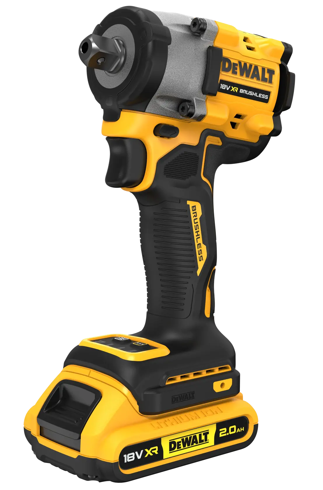 A DEWALT cordless impact wrench with an 18V XR 2.0Ah lithium-ion battery, featuring a yellow and black design and brushless motor.