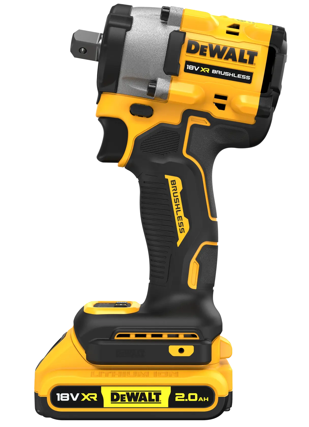 A DEWALT 18V XR brushless cordless impact wrench with a 2.0Ah lithium-ion battery, shown in black and yellow colors.