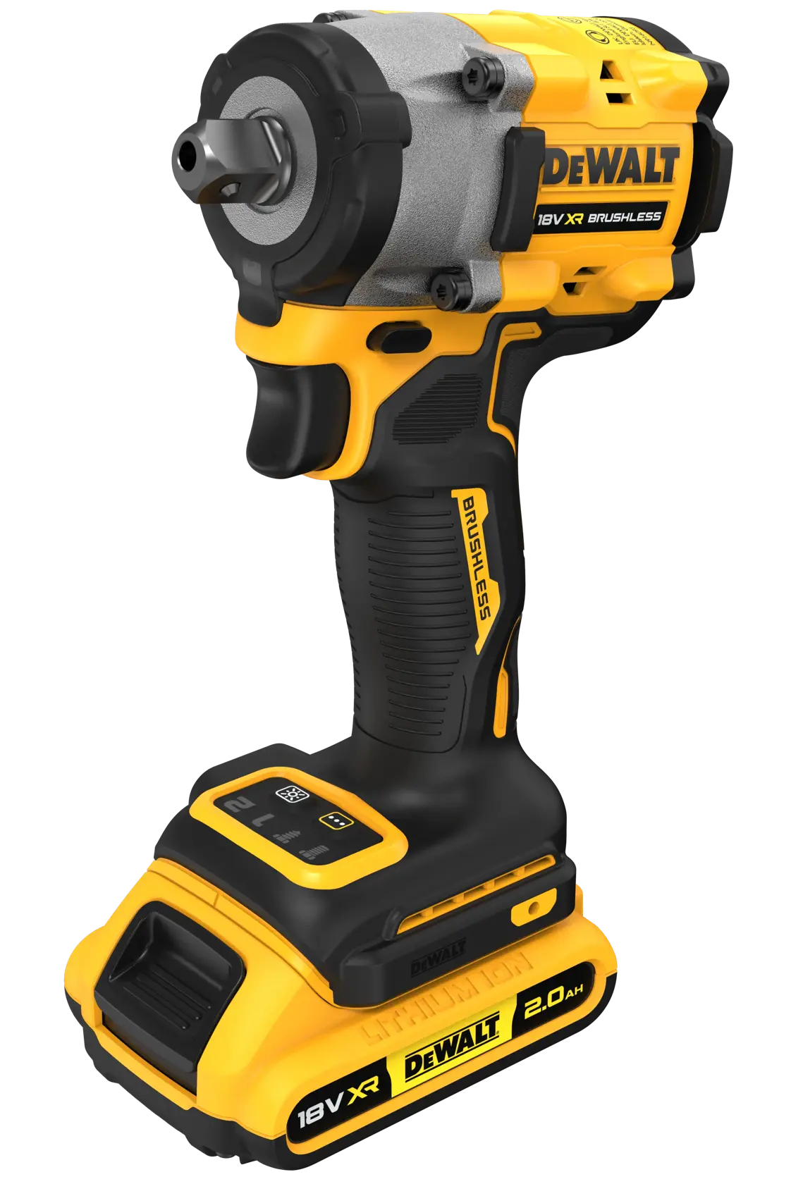 A yellow and black DEWALT 18V XR cordless brushless impact wrench with a 2.0 Ah lithium-ion battery, standing upright on a white background.