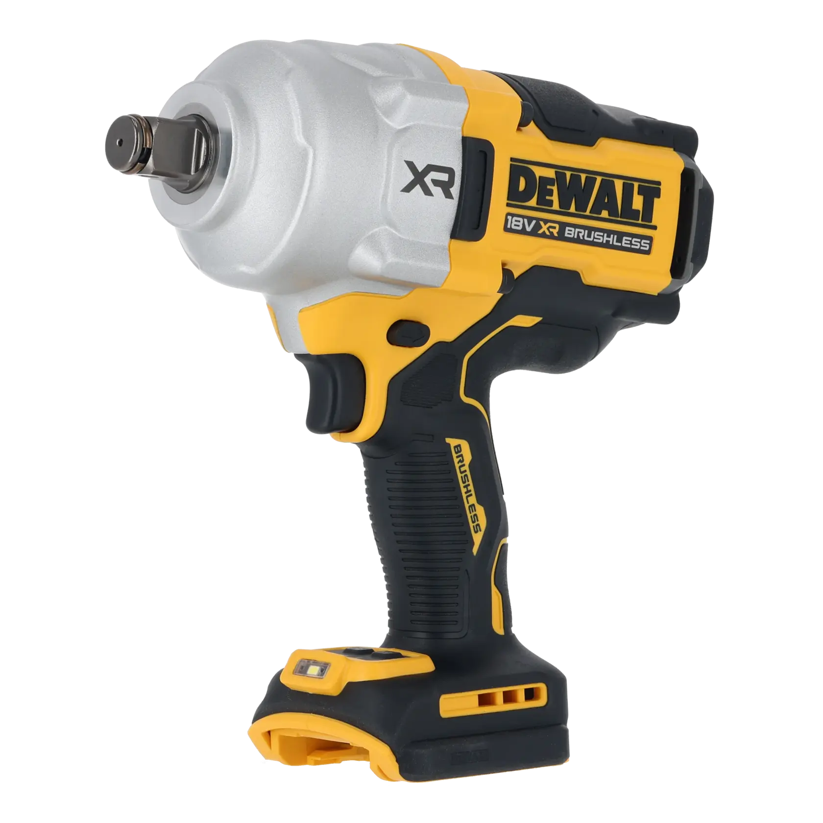 A cordless DEWALT 18V XR Brushless impact wrench in yellow and black, shown without a battery attached.