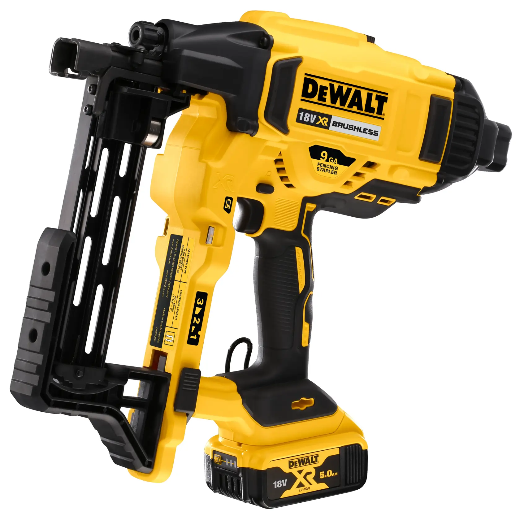DEWALT 18V XR brushless fencing stapler tool, yellow and black, with 5.0Ah battery, shown from side view.