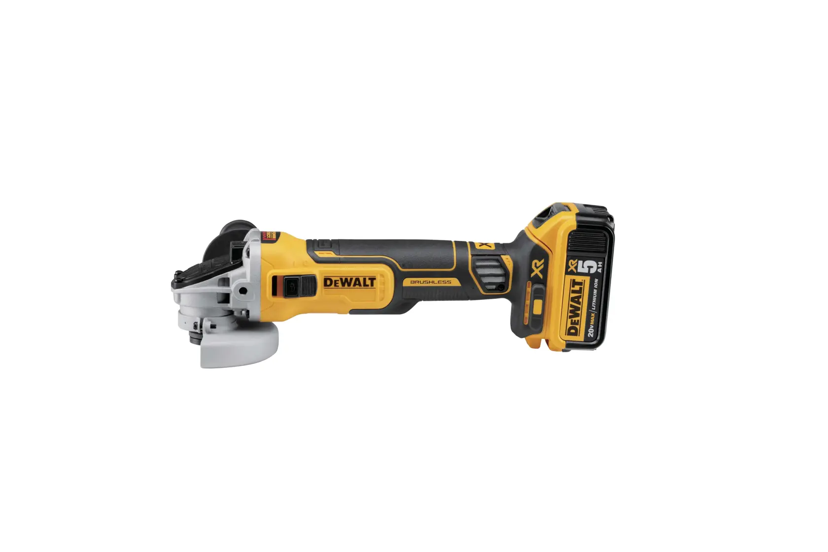 DEWALT cordless grinder side view, yellow-black, SKUs DCG405P2-IN, DCG405P2, DCG405P2-GB, white background.