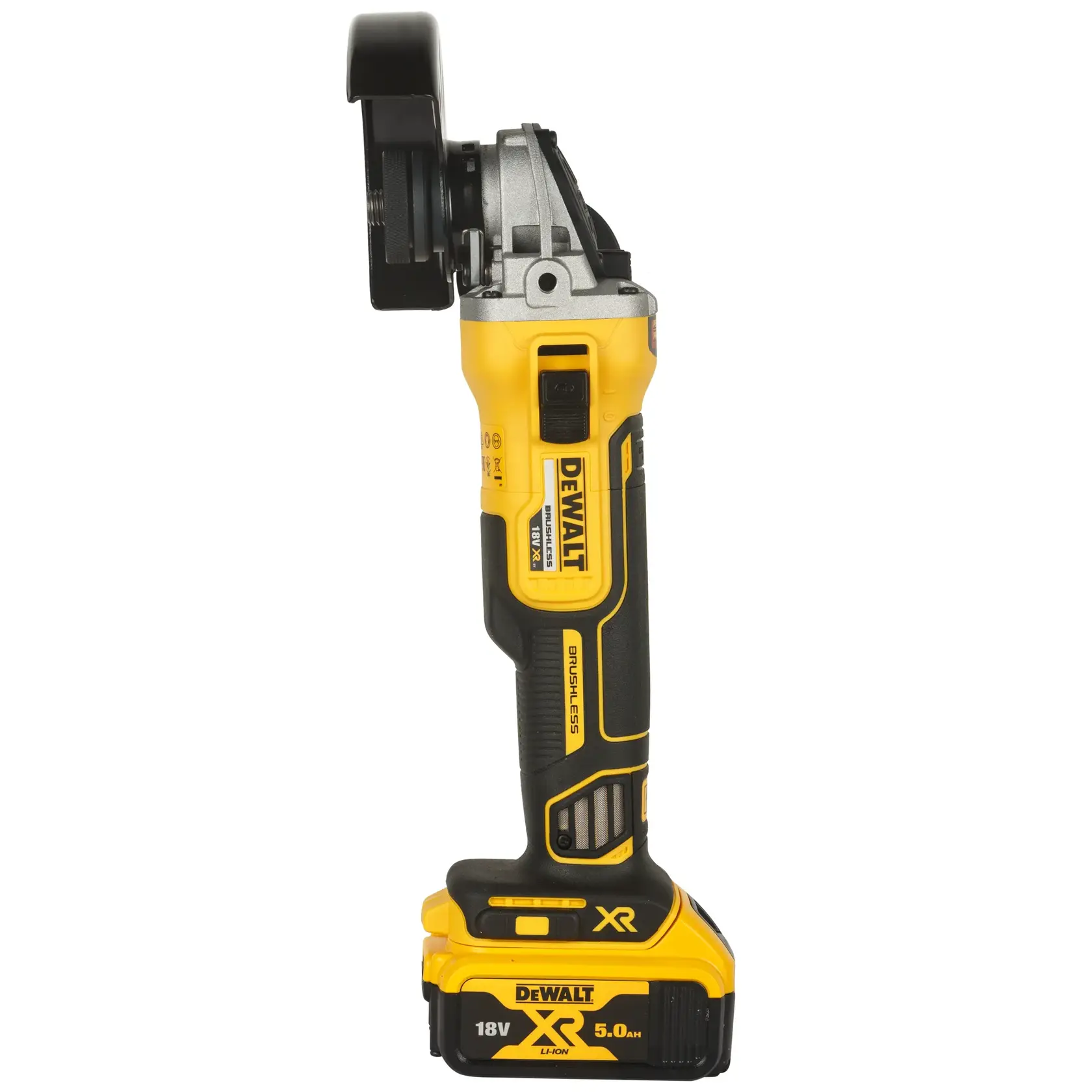 Photo of DEWALT cordless grinder, side view, yellow-black, SKUs DCG405P2-QW, DCG405P2-GB.