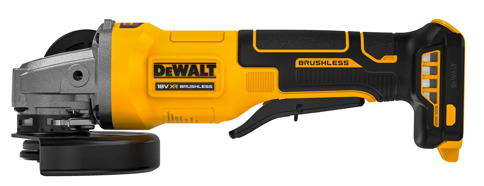 Yellow and black DEWALT cordless angle grinder with brushless motor, shown from the side on a white background.