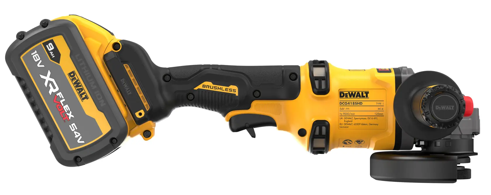 54V XR FLEXVOLT® 125mm Side Handle Detect Angle Grinder - 2 x FLEXVOLT® 9Ah