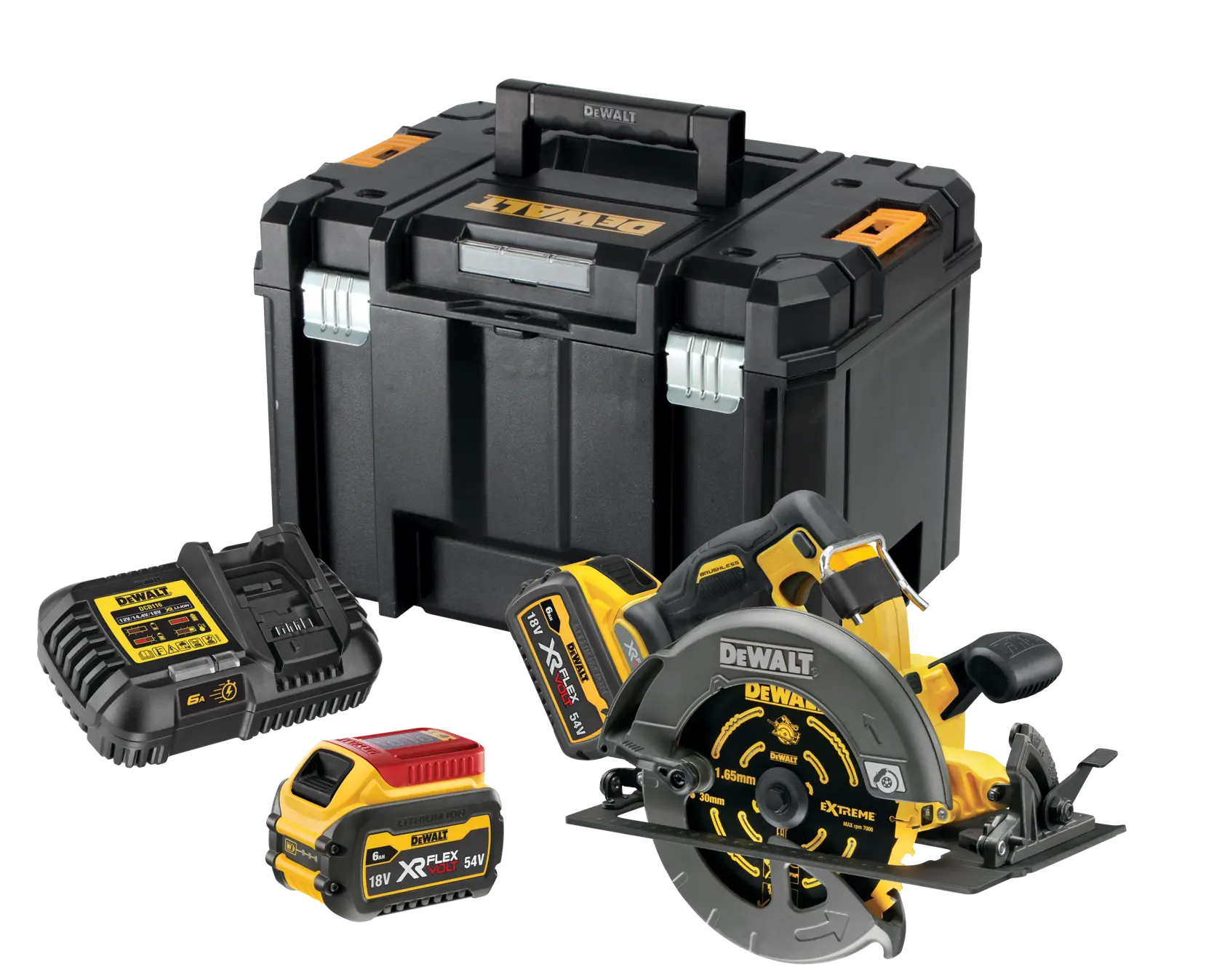 DEWALT circular saw kit with battery, charger, and black carrying case.