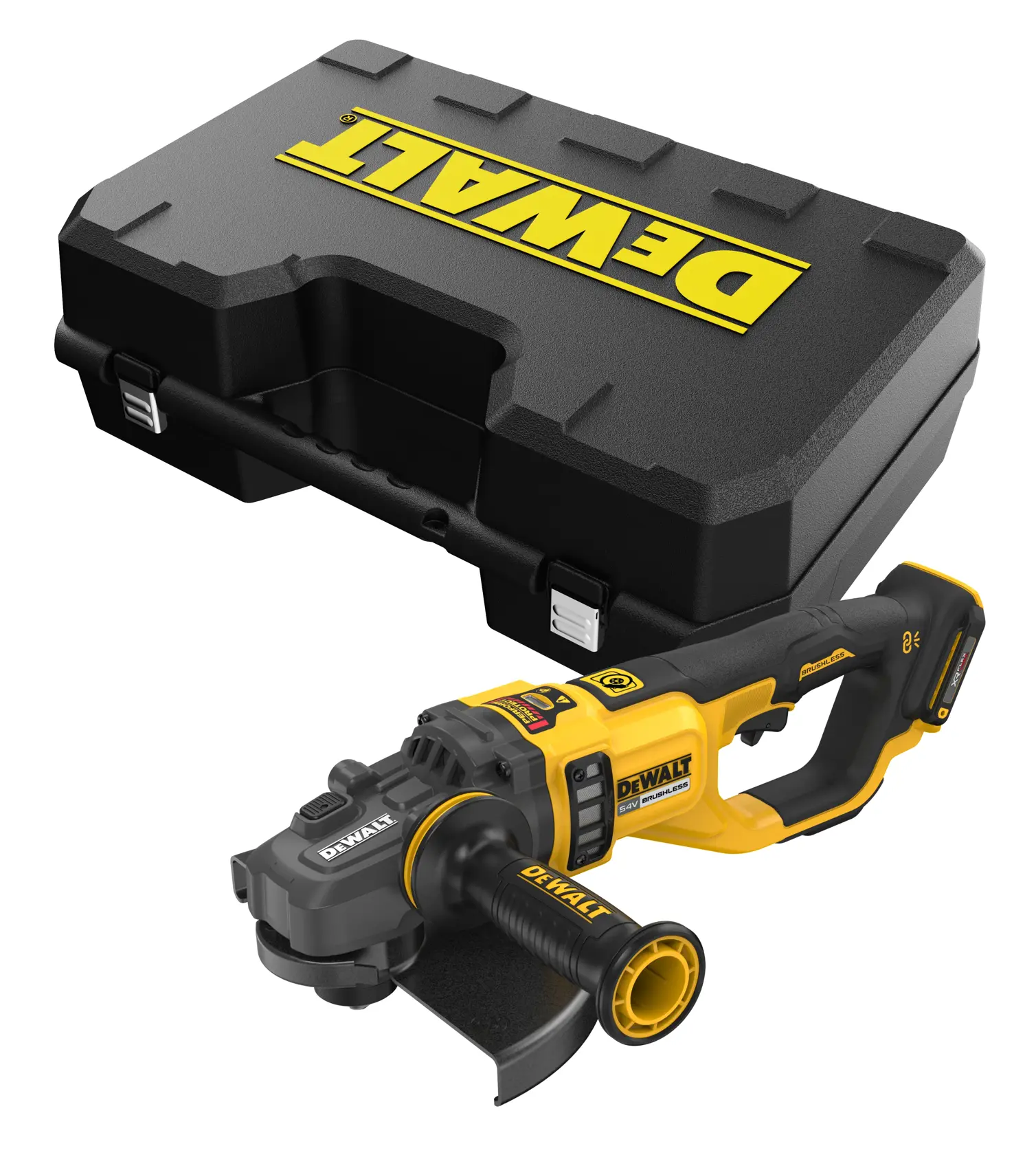 DEWALT cordless angle grinder and black carrying case displayed together.