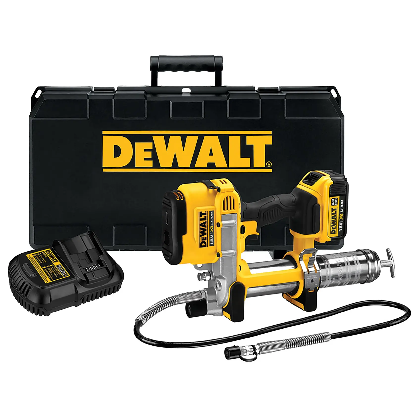 DEWALT cordless grease gun kit with battery, charger, flexible hose, and carrying case.