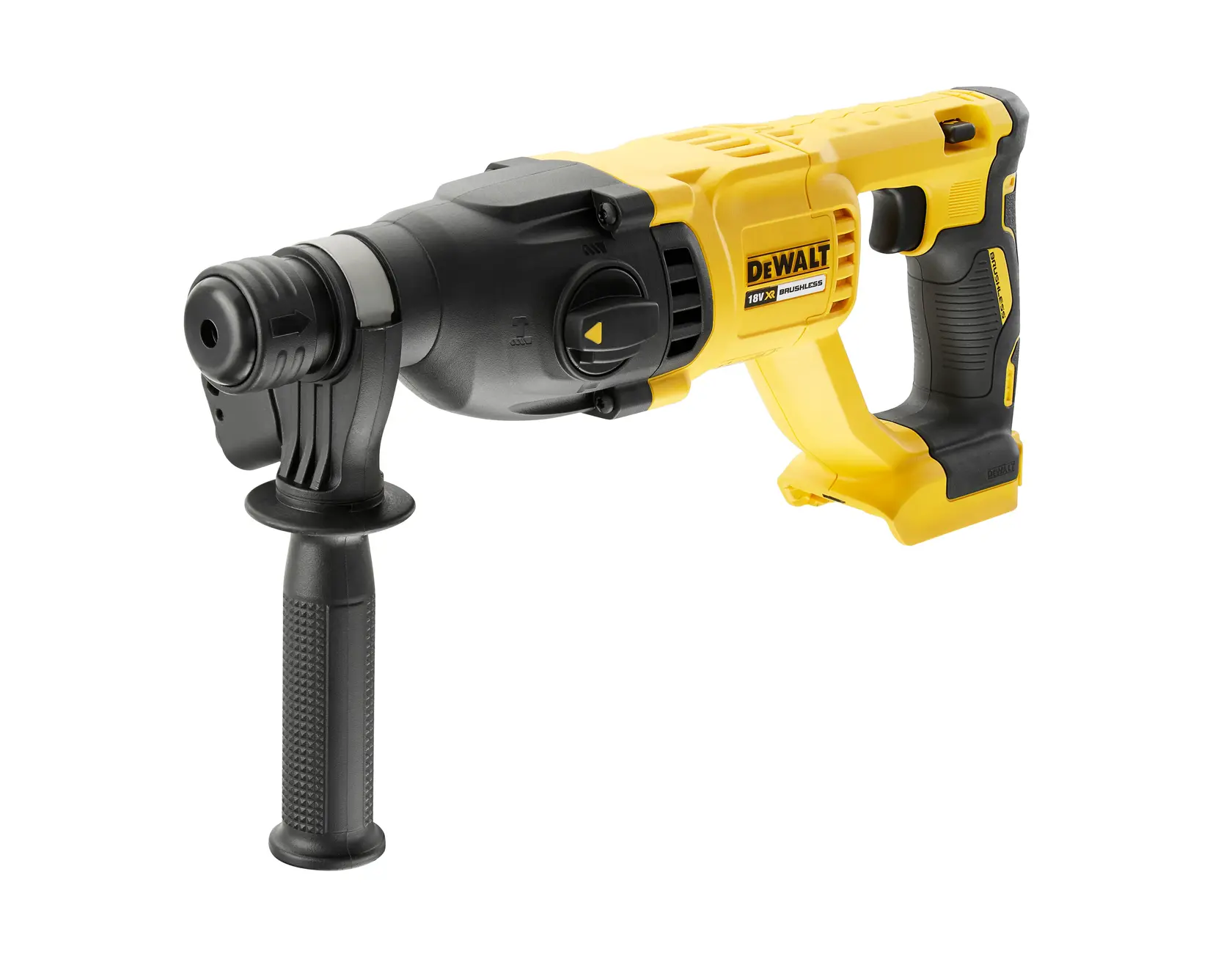 Cordless yellow Dewalt rotary hammer drill with black handle, side grip, and trigger, shown on white background.
