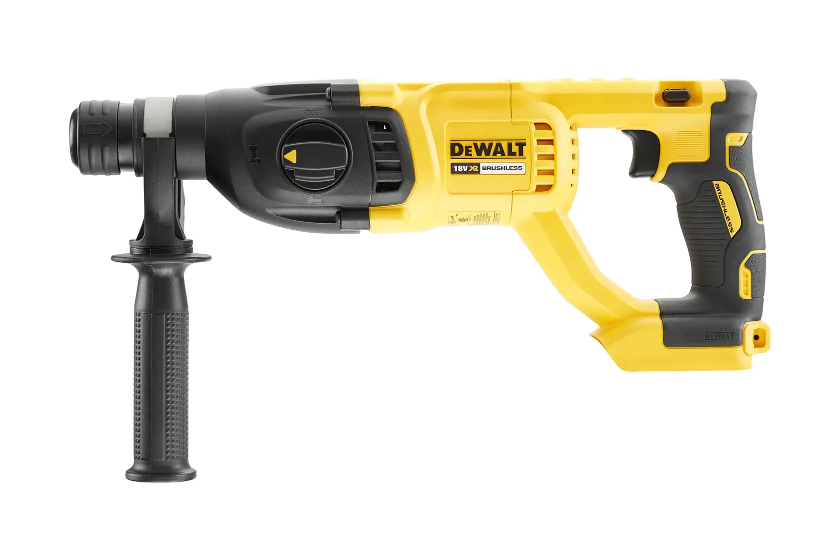 Yellow and black DEWALT cordless rotary hammer drill with ergonomic handle, shown on white background.