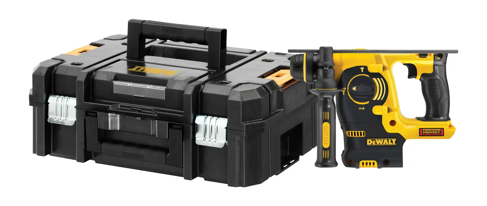 DEWALT rotary hammer and black toolbox set with handle, shown against a plain white background.