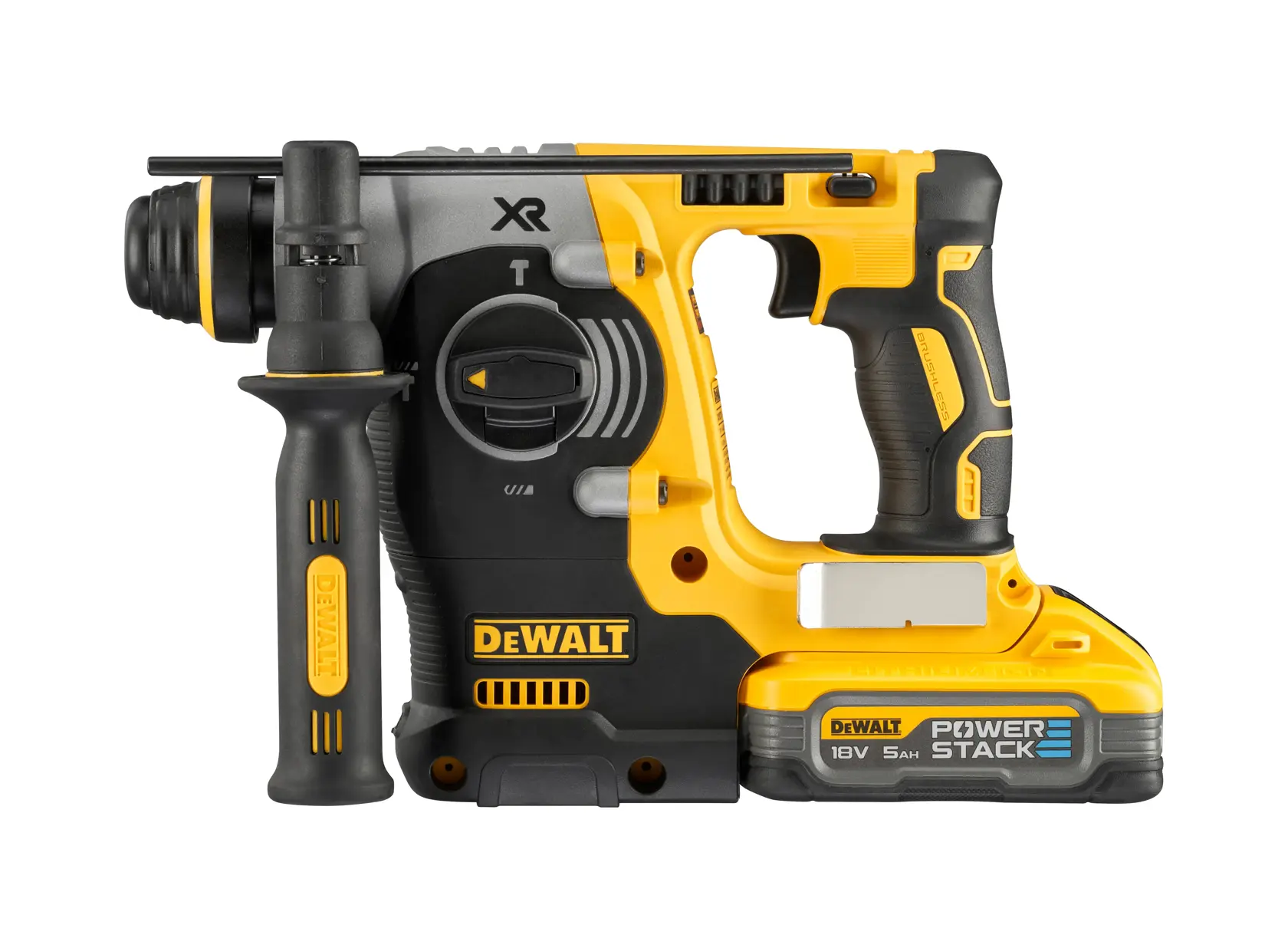 Cordless DEWALT rotary hammer drill with battery, featuring a yellow and black design, side handle, and labeled Power Stack 18V 5Ah battery pack.