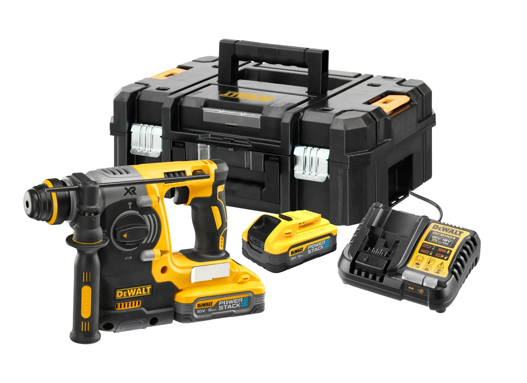DEWALT cordless rotary hammer drill kit, including a yellow and black rotary hammer drill, two batteries, a charger, and a sturdy black carrying case.