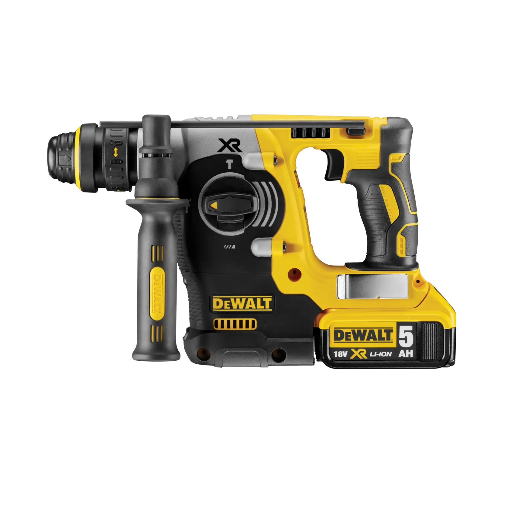DEWALT 18V XR cordless rotary hammer drill with handle and 5AH battery, shown against a white background.