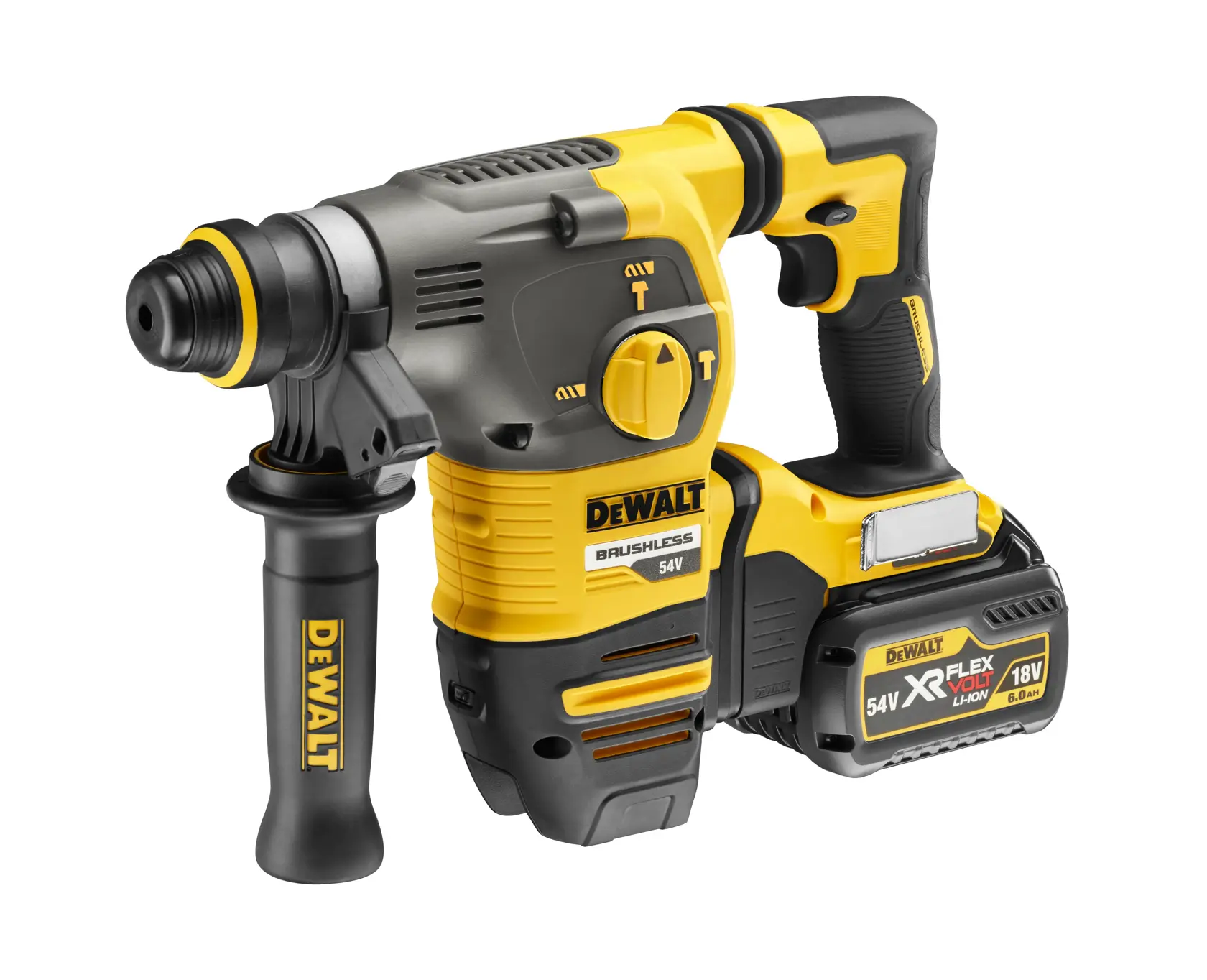 DEWALT cordless rotary hammer drill, yellow and black, with side handle and XR FLEXVOLT Li-Ion battery attached.