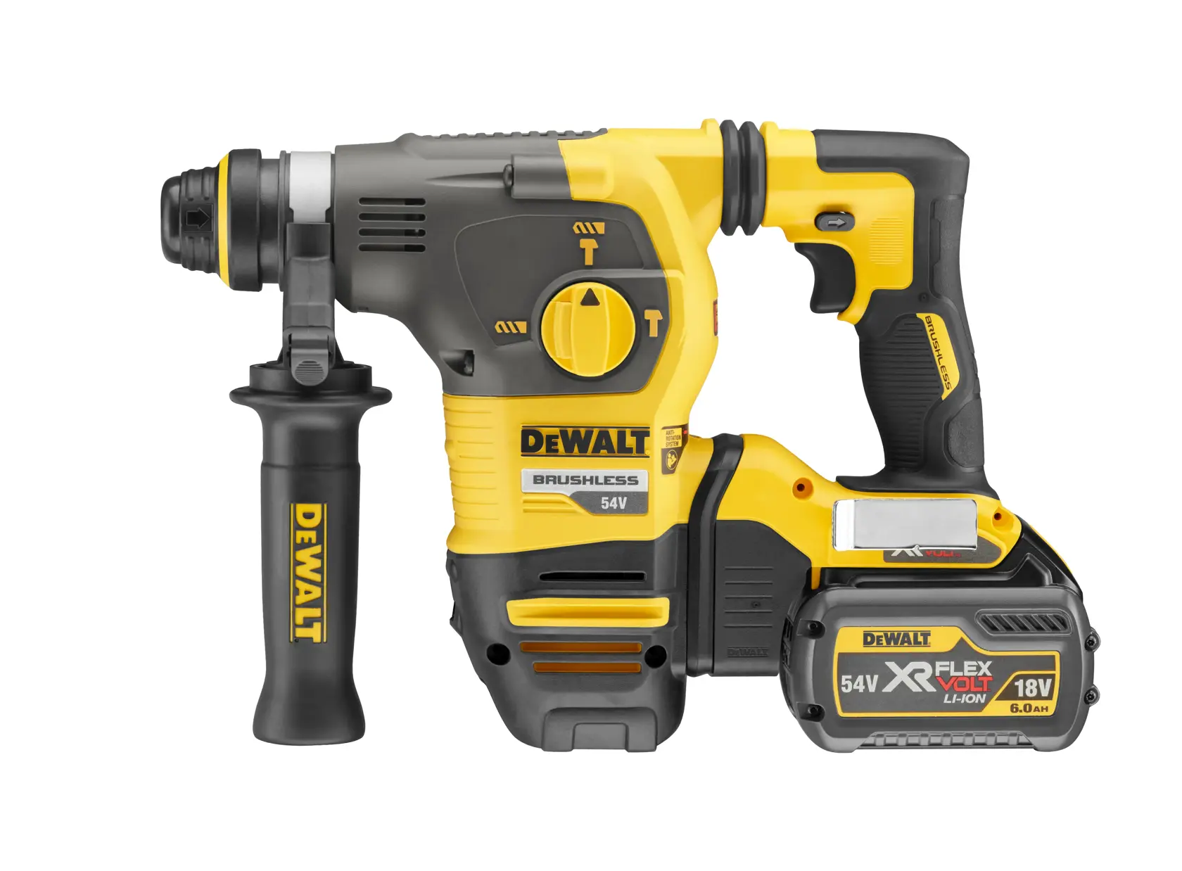 DEWALT cordless rotary hammer drill with side handle and XR FLEXVOLT battery, yellow and black design.