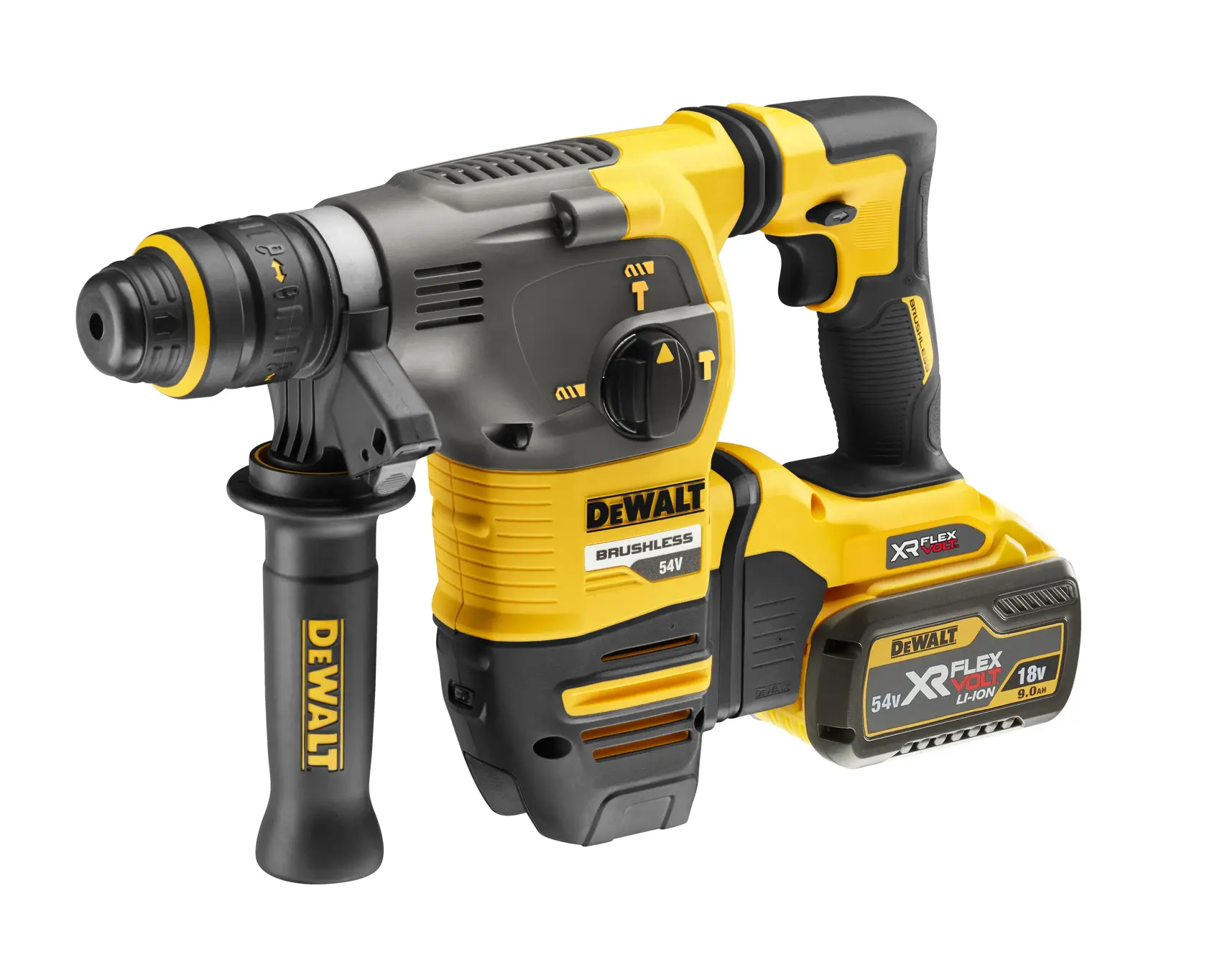 A cordless DEWALT rotary hammer drill with a yellow and black design, featuring a side handle and a detachable XR FLEXVOLT 54V/18V lithium-ion battery.