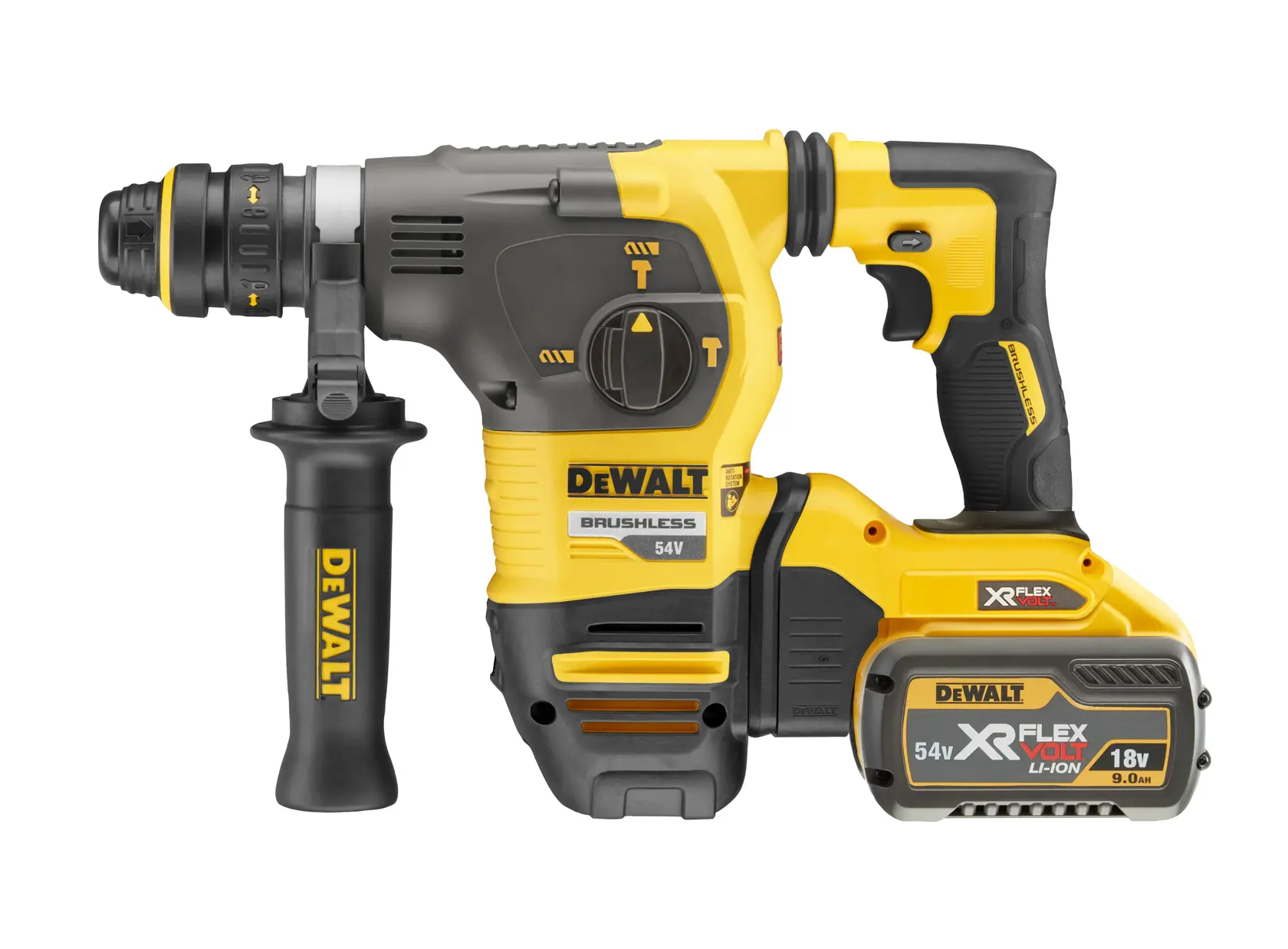 DEWALT DCH334X2 54V cordless rotary hammer drill with side handle and battery, yellow and black.