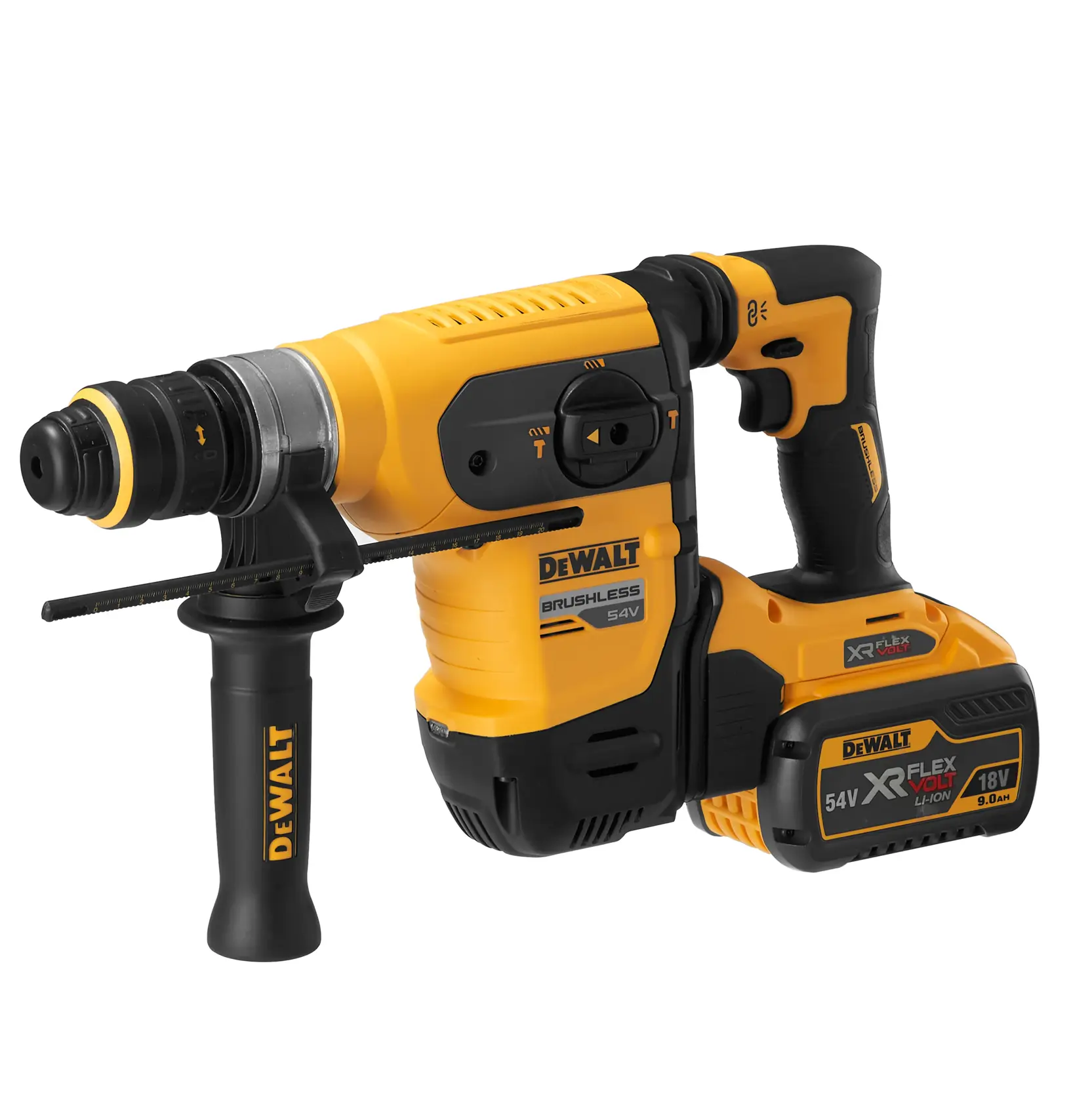 DEWALT cordless 54V brushless rotary hammer drill with handle and XR FlexVolt battery, yellow and black design.