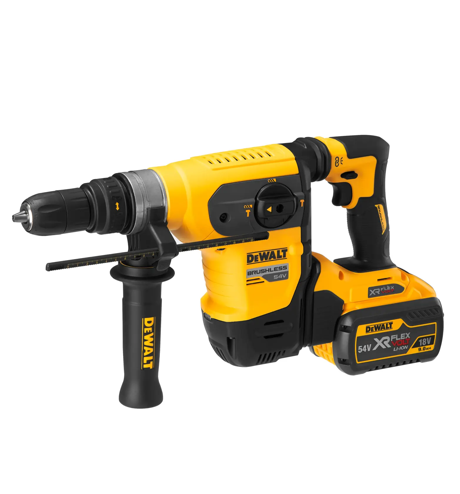 A yellow and black DEWALT cordless rotary hammer drill with a side handle and an XR FLEXVOLT 54V battery attached.