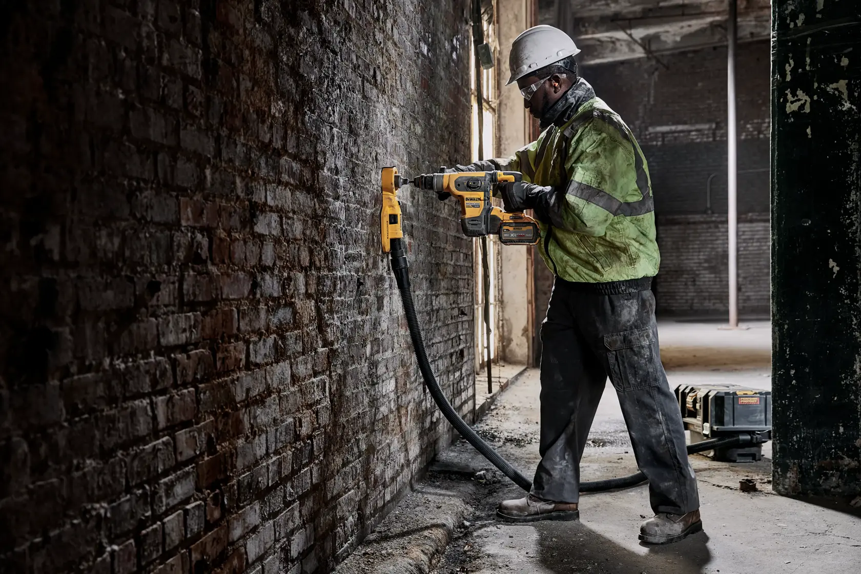 Worker uses DEWALT rotary hammer drill on brick wall, wearing helmet and safety jacket in industrial setting.