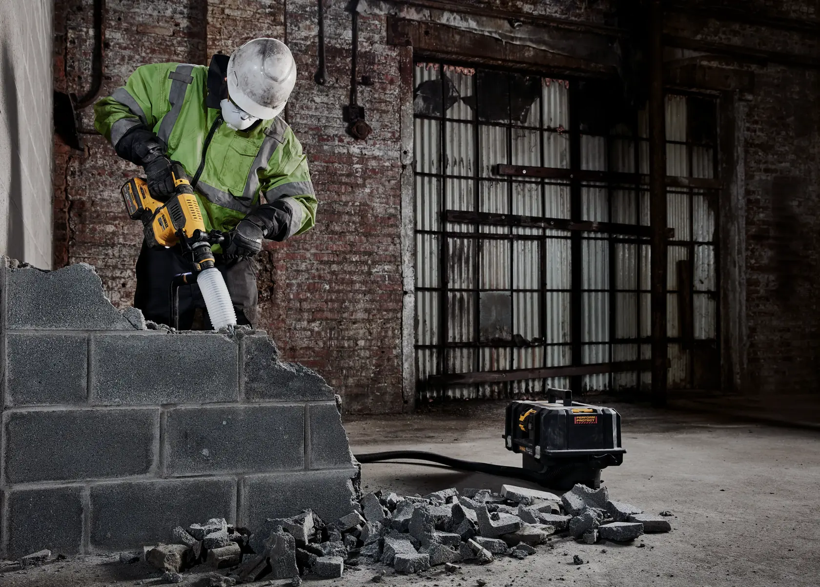 Worker uses DEWALT power tool to demolish concrete wall in an industrial setting with rubble on the ground.