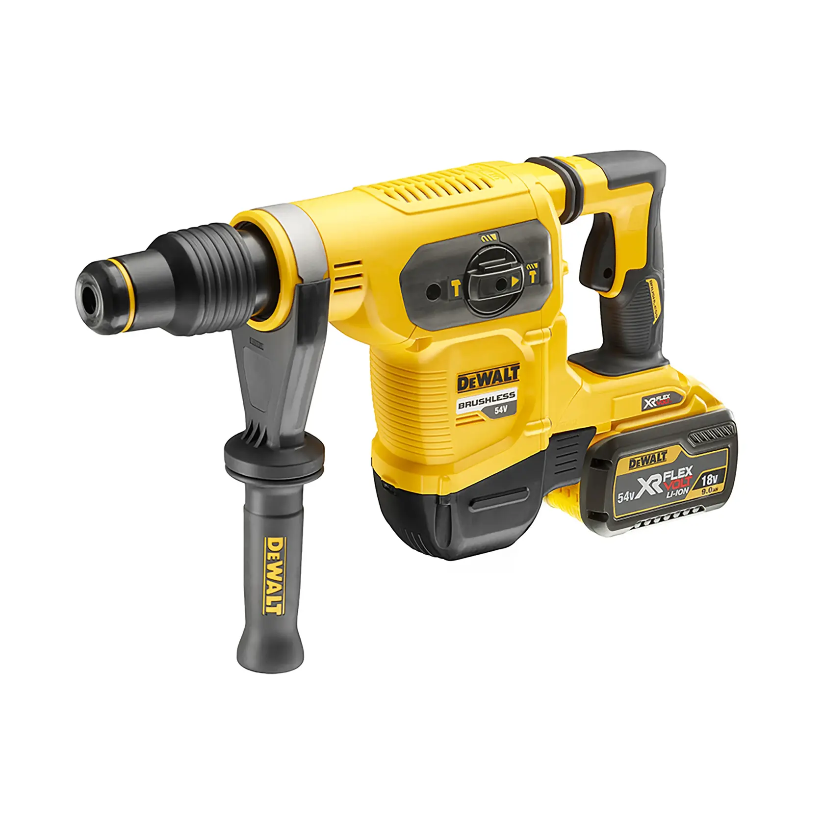 DEWALT rotary hammer drill, yellow and black, with side handle, SKUs DCH481X2, DCH481X2-GB, white background.
