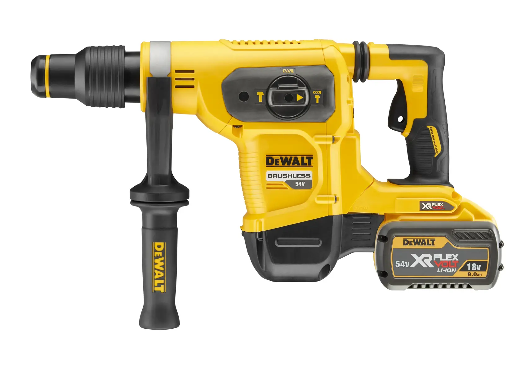 DEWALT rotary hammer drill, yellow/black, side view, SKUs DCH481X2, DCH481X2-GB, power tool on white background.